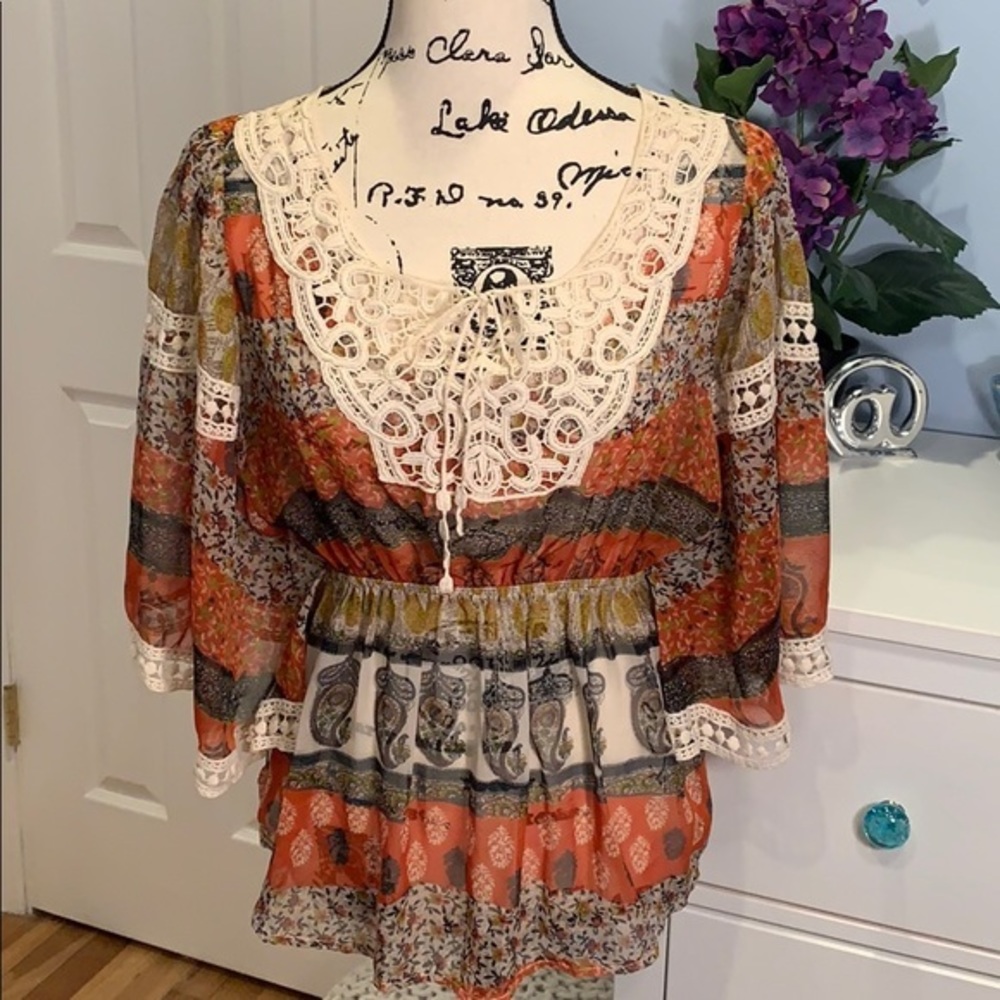 Sheer Peasant Blouse with Batwing Sleeves - Picture 2 of 6